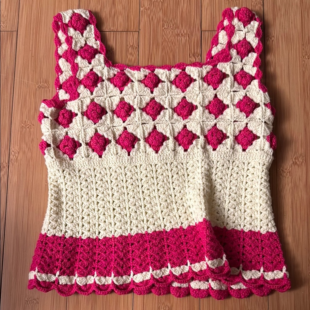 Pink and Cream Crochet Women Top Vintage XS